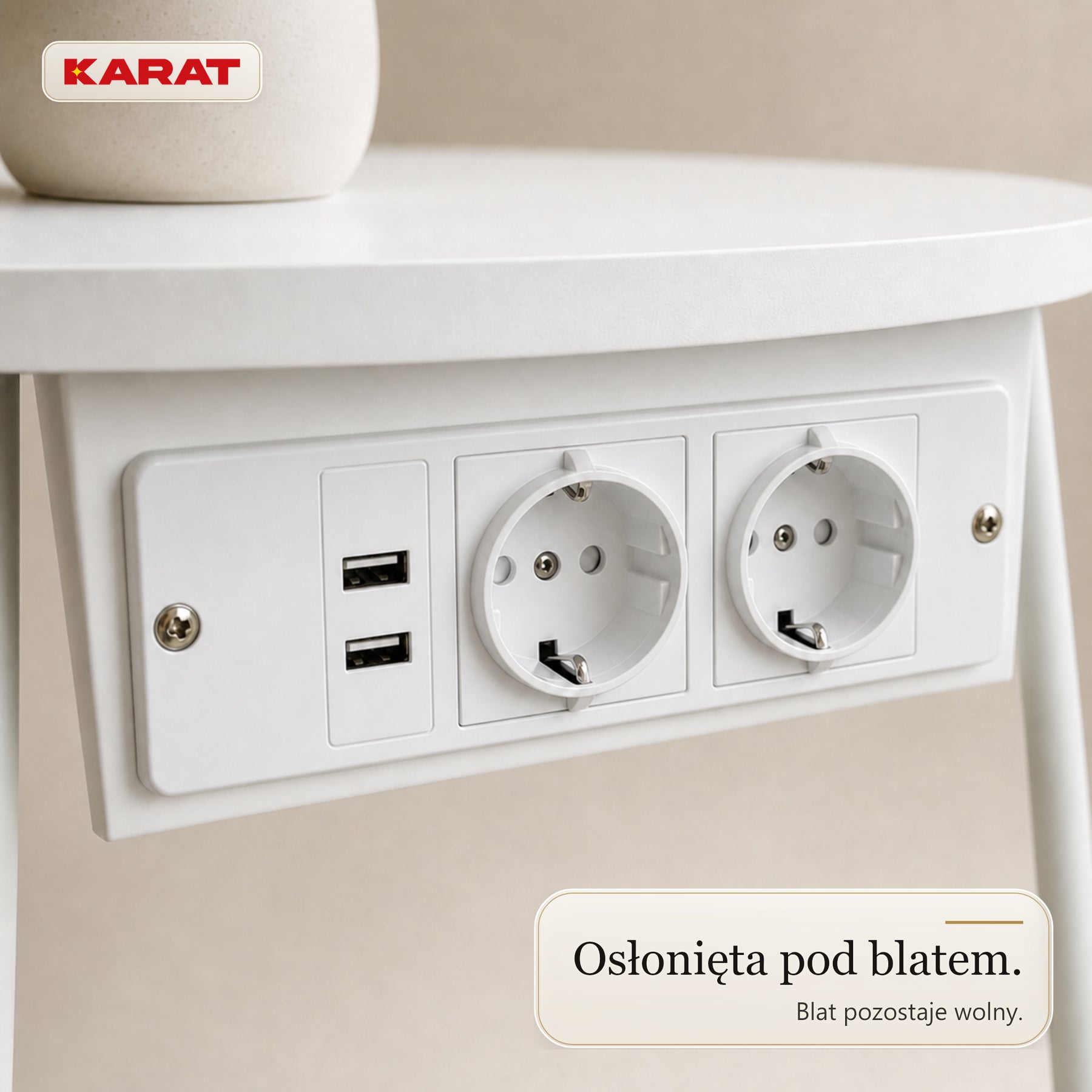 Stolik boczny | Dario | Okrągły stolik z 2 gniazdkami, 2 USB-A i koszem do przechowywania | Ø 45 cm | 4 kolory