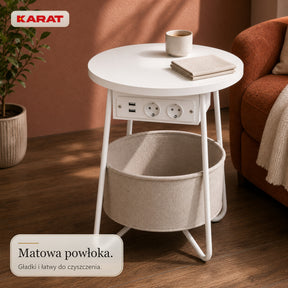 Stolik boczny | Dario | Okrągły stolik z 2 gniazdkami, 2 USB-A i koszem do przechowywania | Ø 45 cm | 4 kolory