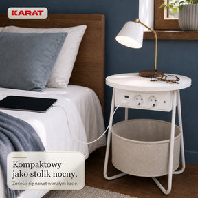 Stolik boczny | Dario | Okrągły stolik z 2 gniazdkami, 2 USB-A i koszem do przechowywania | Ø 45 cm | 4 kolory