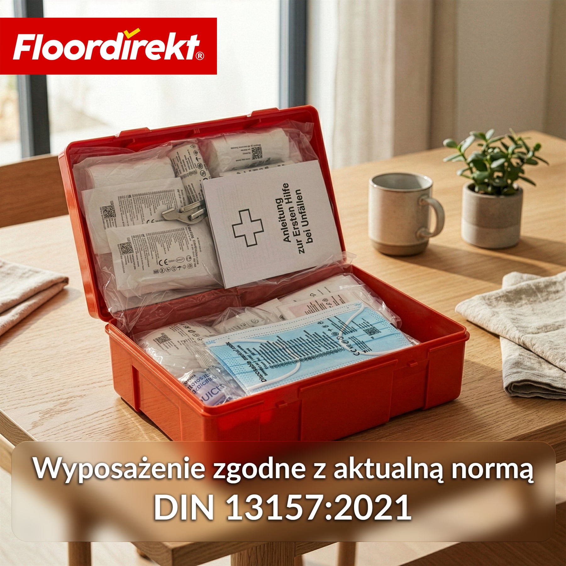 Apteczka pierwszej pomocy | DIN 13157:2021 | Zestaw opatrunkowy z uchwytem ściennym i naklejkami ISO