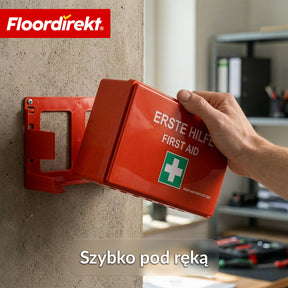 Apteczka pierwszej pomocy | DIN 13157:2021 | Zestaw opatrunkowy z uchwytem ściennym i naklejkami ISO