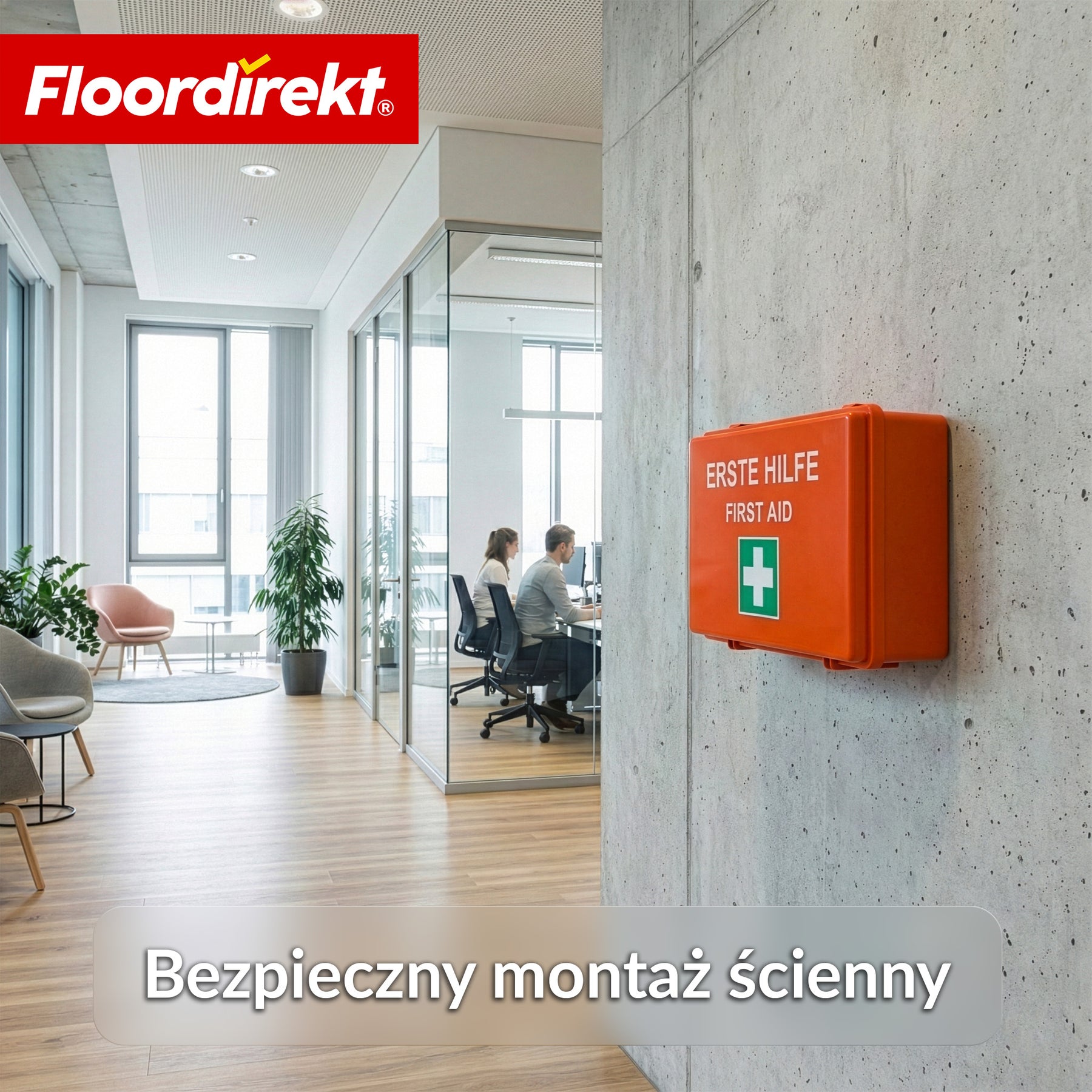 Apteczka pierwszej pomocy | DIN 13157:2021 | Zestaw opatrunkowy z uchwytem ściennym i naklejkami ISO