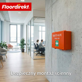 Apteczka pierwszej pomocy | DIN 13157:2021 | Zestaw opatrunkowy z uchwytem ściennym i naklejkami ISO