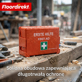 Apteczka pierwszej pomocy | DIN 13157:2021 | Zestaw opatrunkowy z uchwytem ściennym i naklejkami ISO