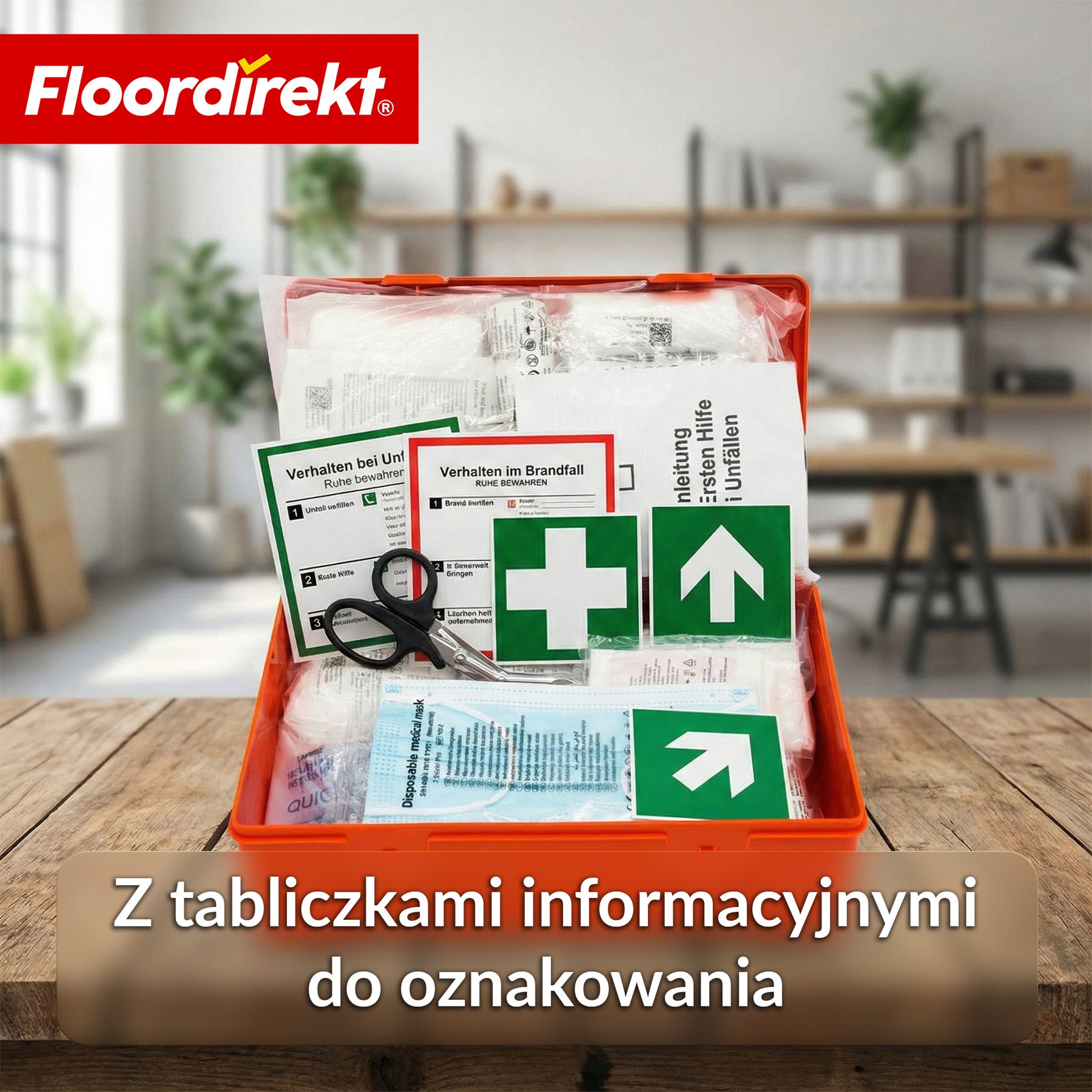 Apteczka pierwszej pomocy | DIN 13157:2021 | Zestaw opatrunkowy z uchwytem ściennym i naklejkami ISO