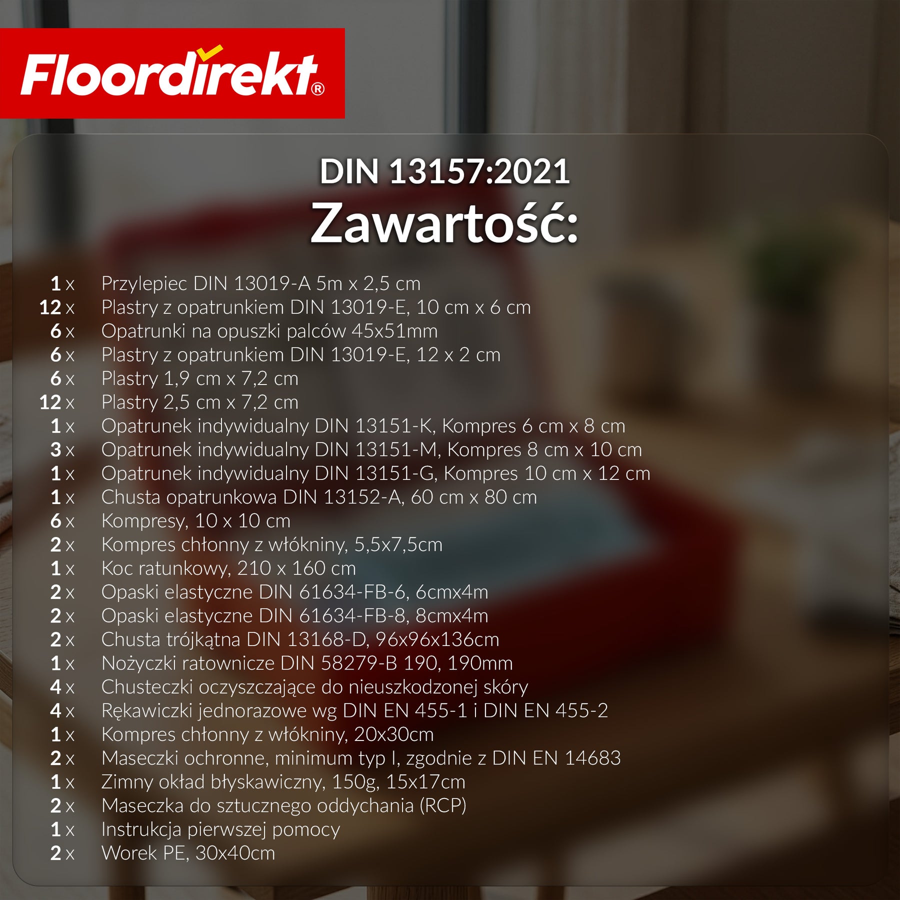 Apteczka pierwszej pomocy | DIN 13157:2021 | Zestaw opatrunkowy z uchwytem ściennym i naklejkami ISO