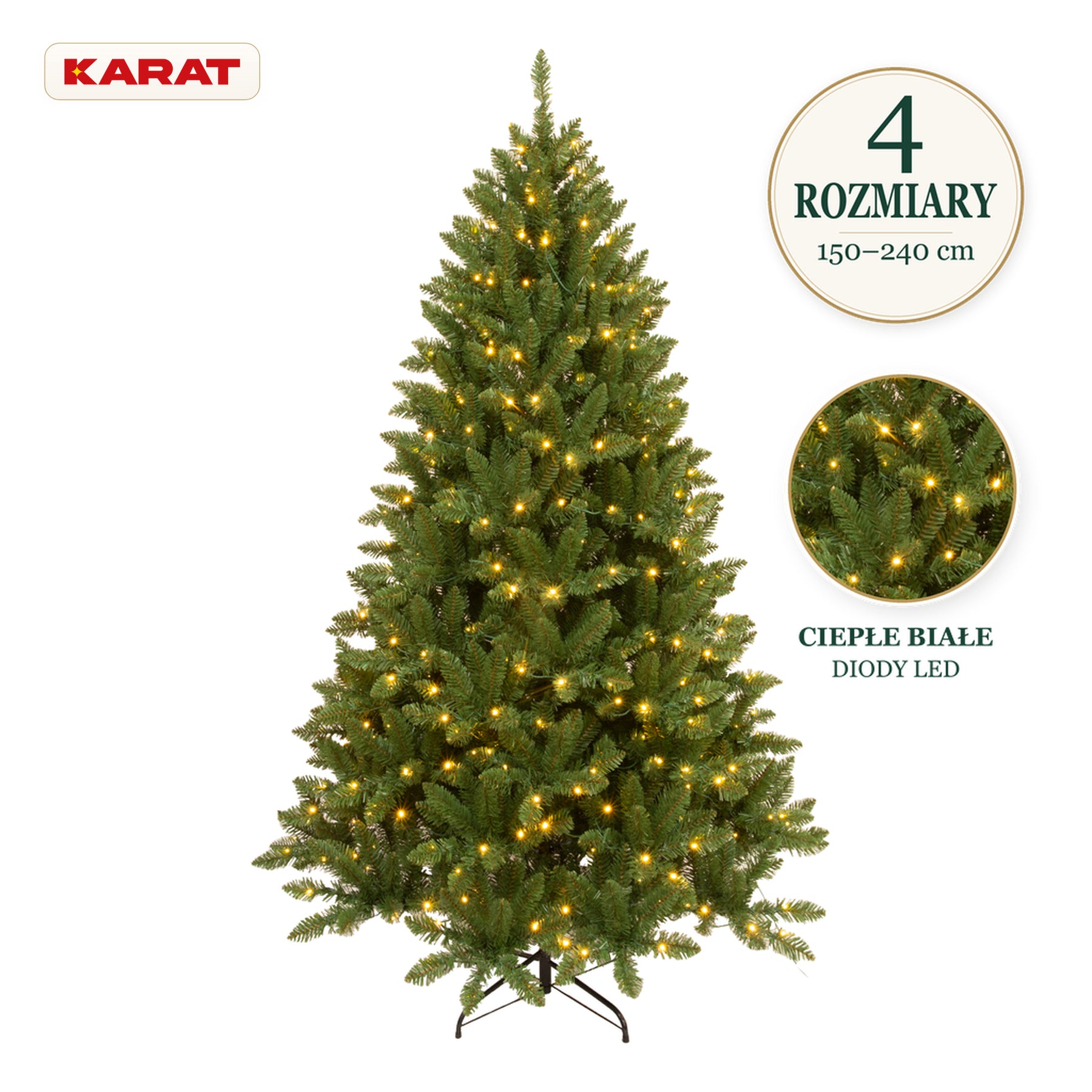 Sztuczna choinka z oświetleniem LED | Evergreen | Ciepłe białe LED & metalowy stojak | 150–240 cm