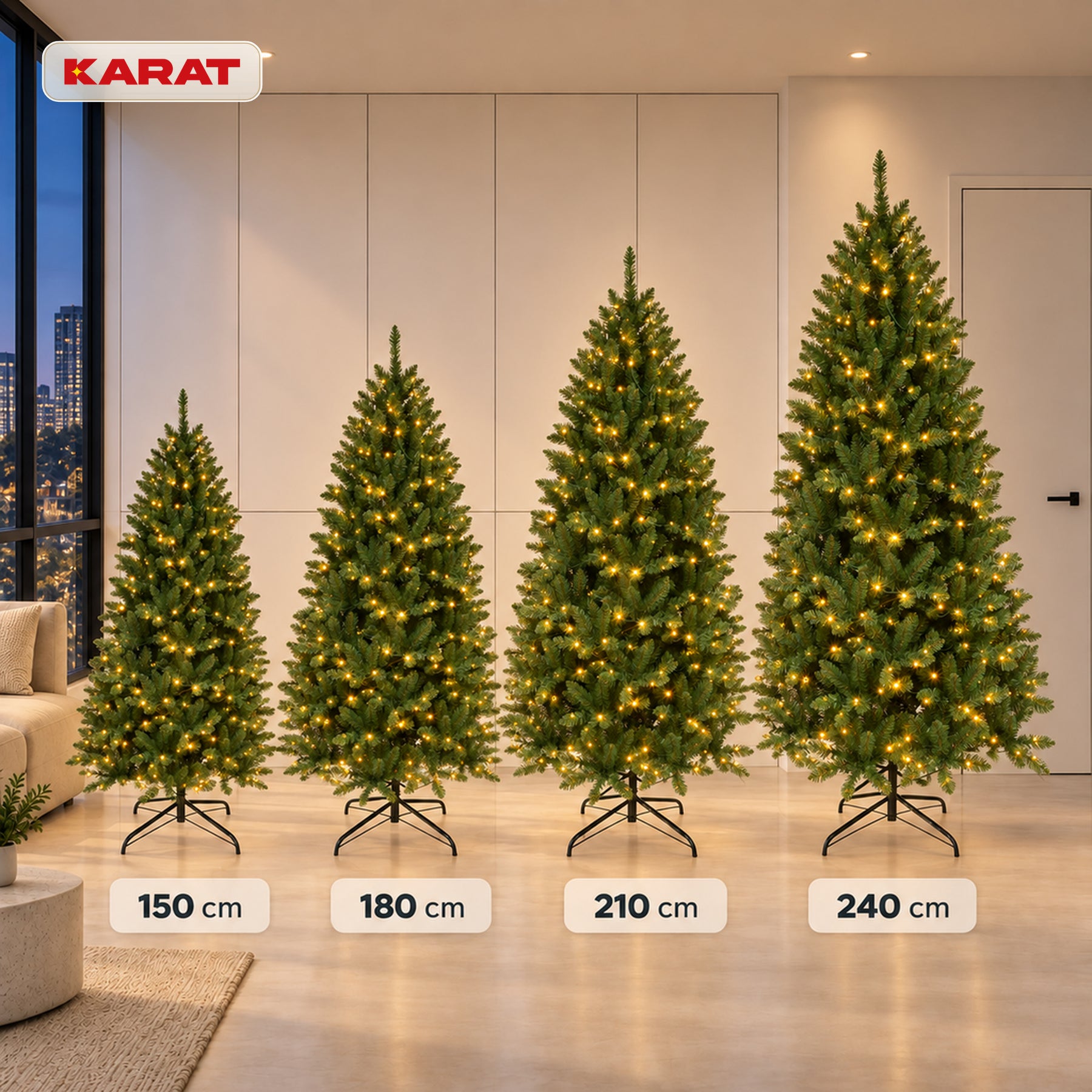 Sztuczna choinka z oświetleniem LED | Evergreen | Ciepłe białe LED & metalowy stojak | 150–240 cm