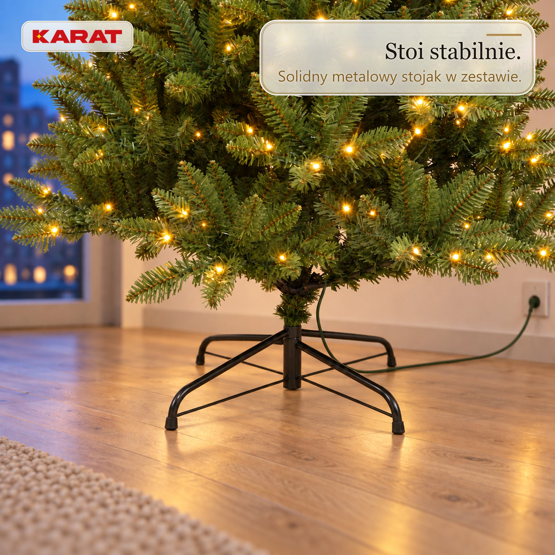 Sztuczna choinka z oświetleniem LED | Evergreen | Ciepłe białe LED & metalowy stojak | 150–240 cm