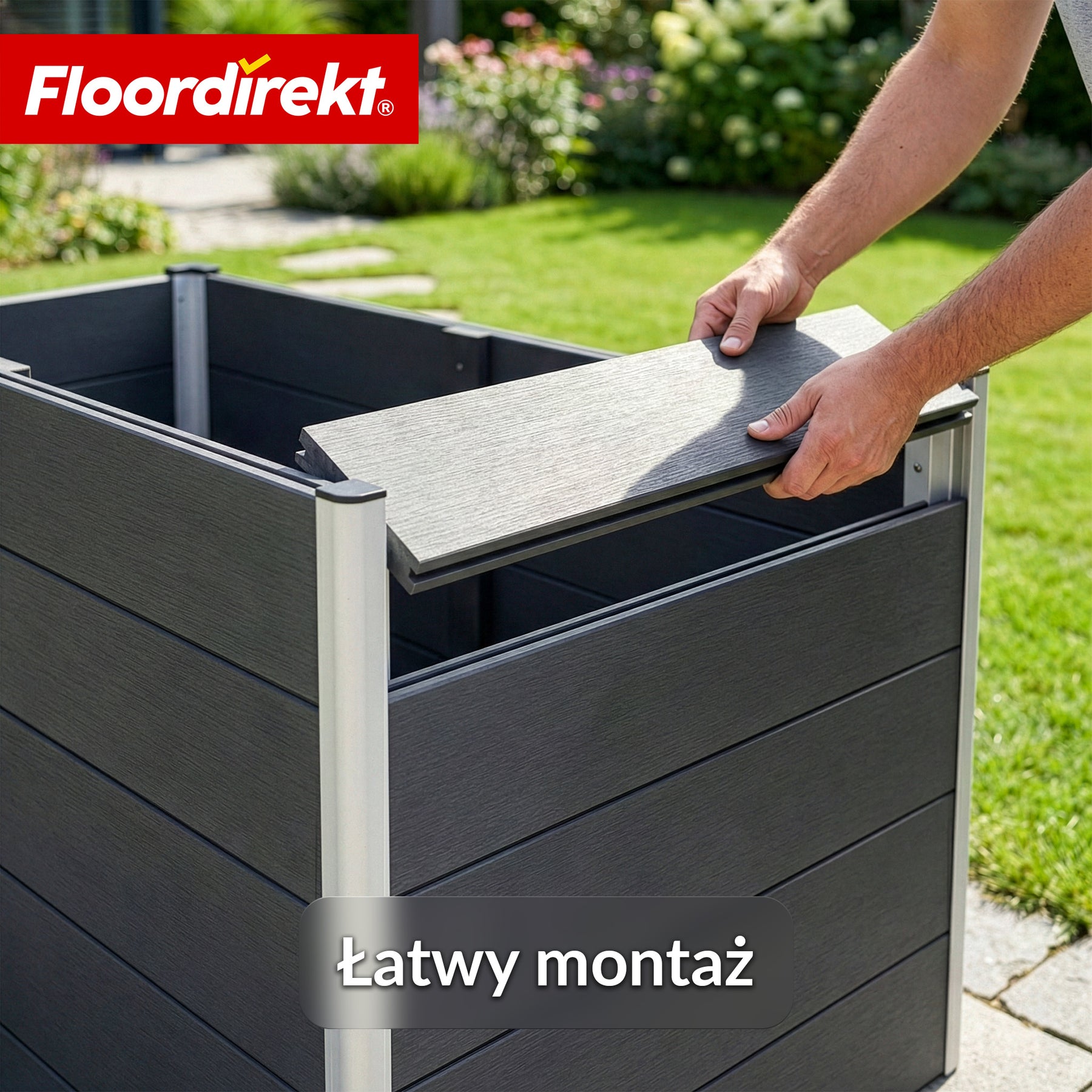 Podwyższona grządka WPC | Delos | 150x70x75 cm | Wzmocniona ze wspornikiem | Antracyt | Aluminiowe profile narożne