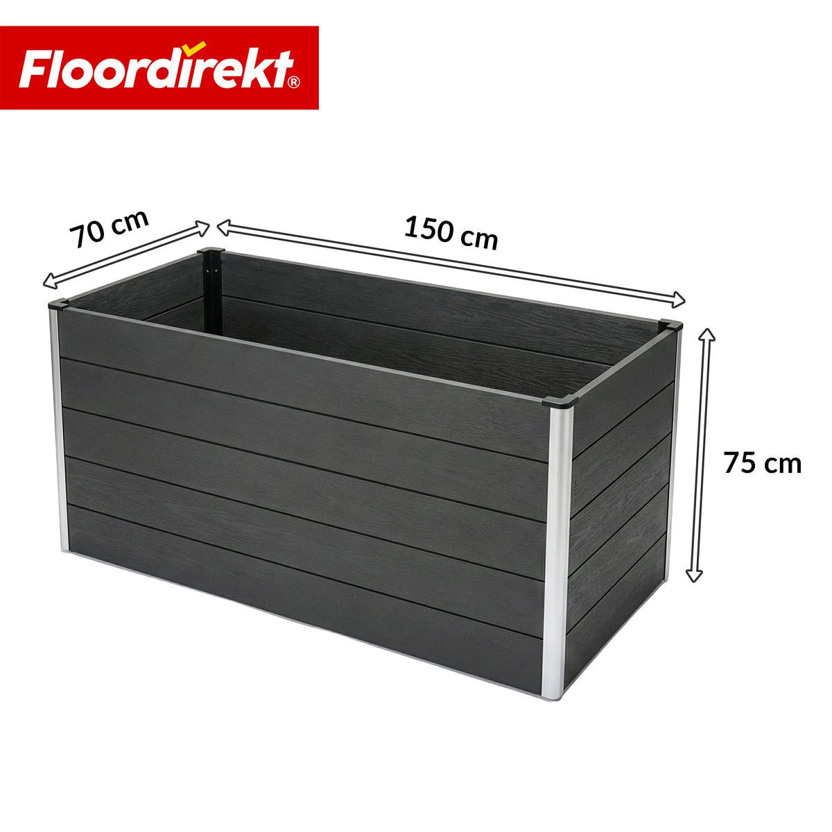 Podwyższona grządka WPC | Kasos | 150 x 70 x 75 cm | Antracyt | Odporna na warunki atmosferyczne, wygodna dla pleców i trwała | Otwarty spód przeciw zastojom wody