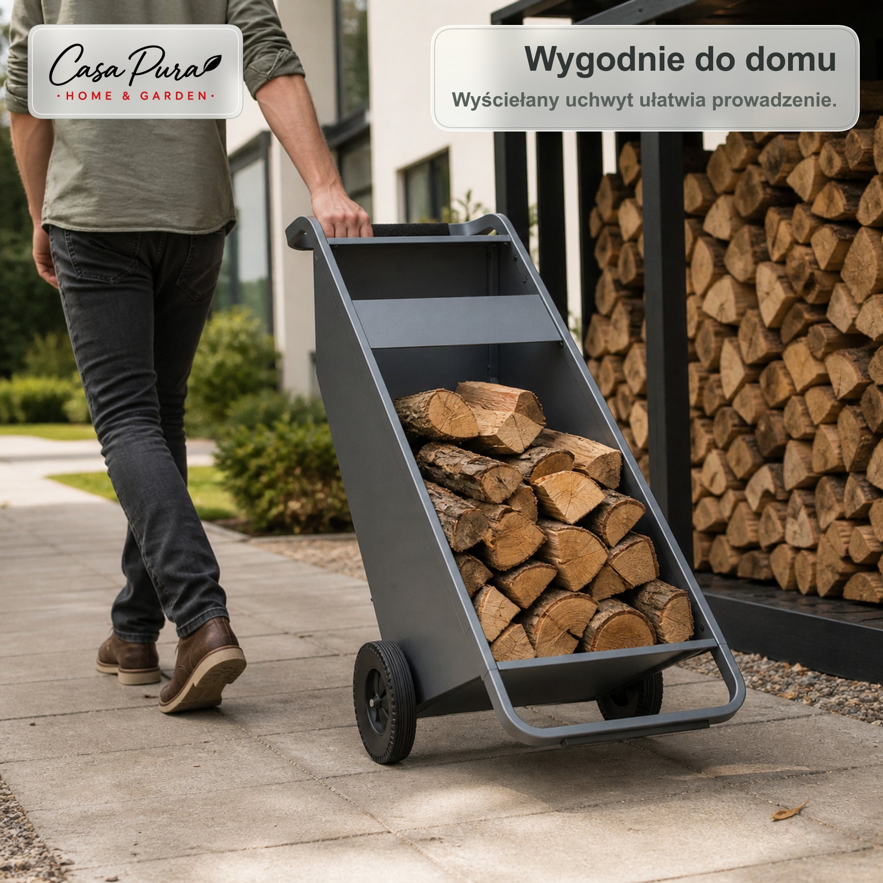 Stojak na drewno | Paolo | Mobilny stojak z 2 kołami i wyściełanym uchwytem | 43 × 56 × 116 cm