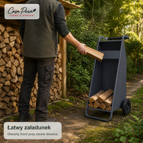 Stojak na drewno | Paolo | Mobilny stojak z 2 kołami i wyściełanym uchwytem | 43 × 56 × 116 cm