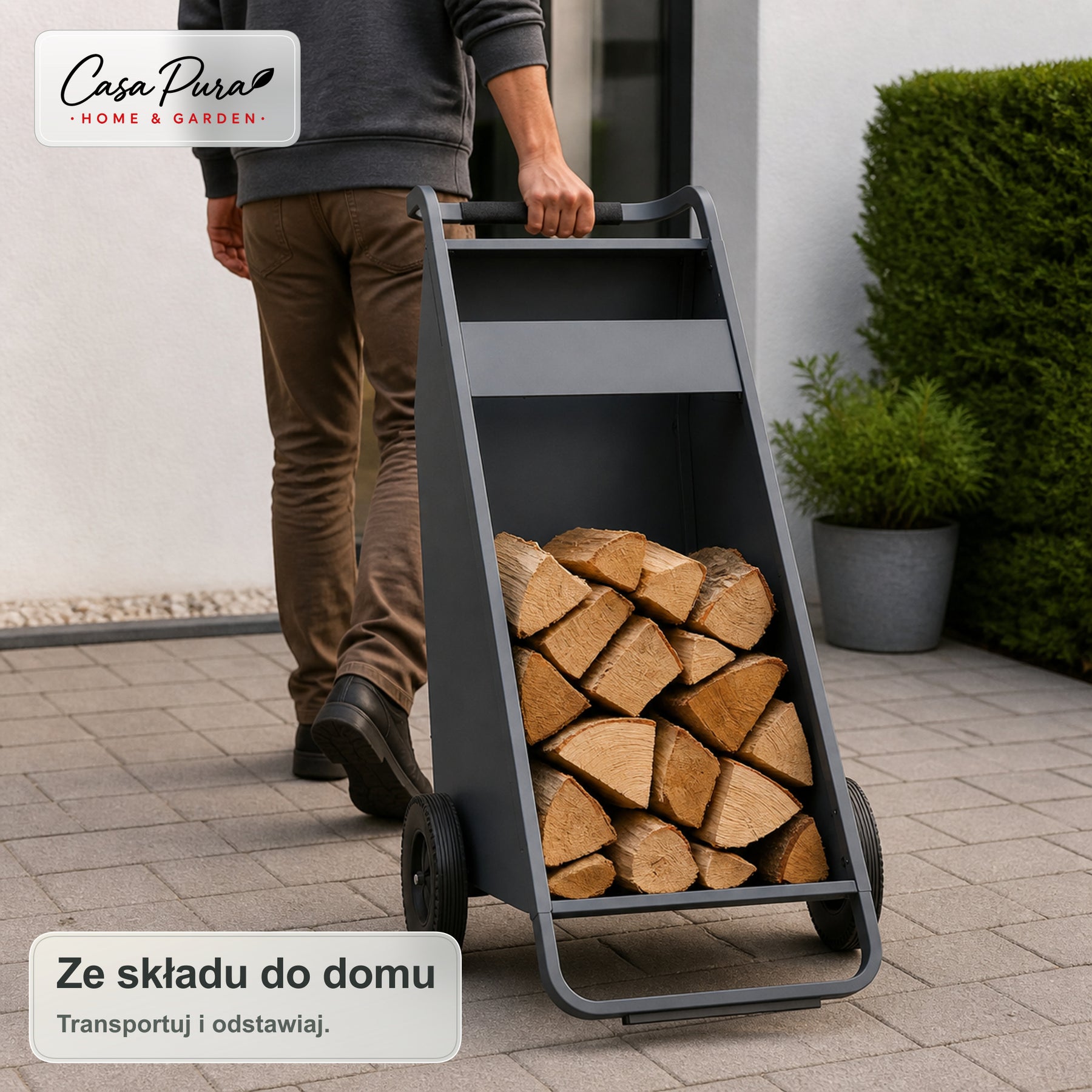 Stojak na drewno | Paolo | Mobilny stojak z 2 kołami i wyściełanym uchwytem | 43 × 56 × 116 cm