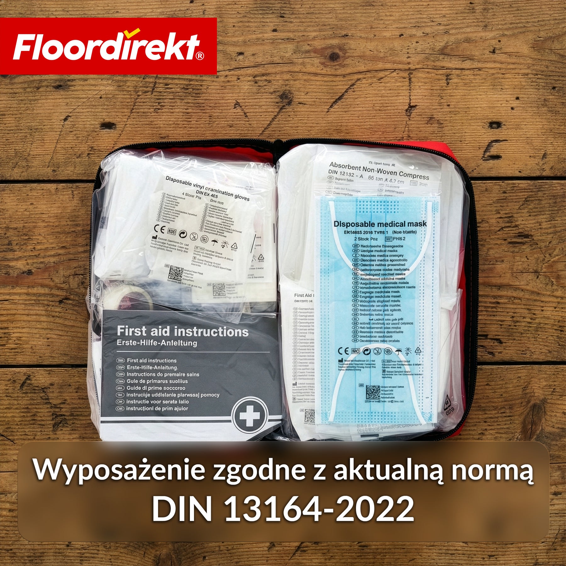 Apteczka samochodowa DIN 13164:2022 | Zestaw pierwszej pomocy do samochodu osobowego | Apteczka do auta zgodna z obowiązkowym wyposażeniem pojazdu
