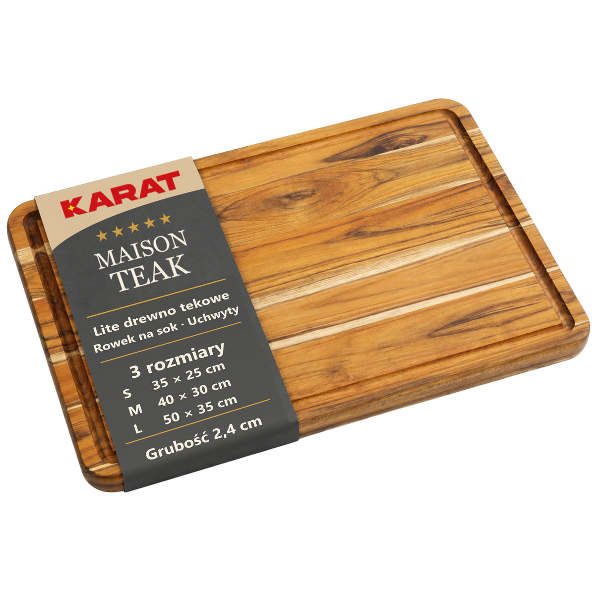 Deska do krojenia | Maison Teak Edge Grain | Lite drewno tekowe z rowkiem na soki & uchwytami | 3 rozmiary