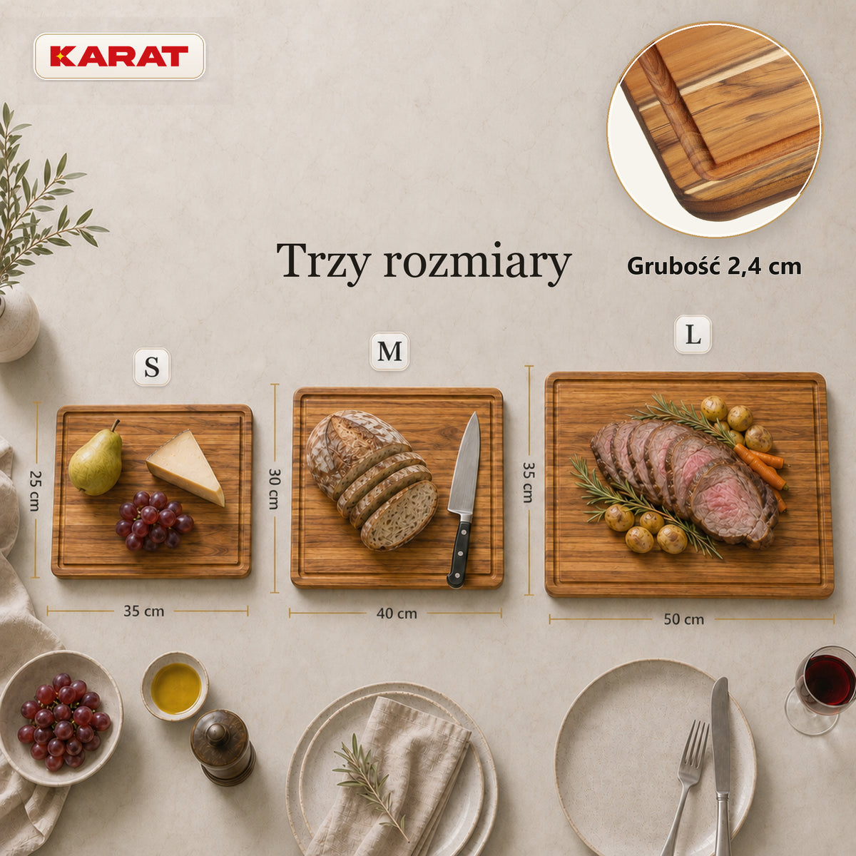 Deska do krojenia | Maison Teak Edge Grain | Lite drewno tekowe z rowkiem na soki & uchwytami | 3 rozmiary