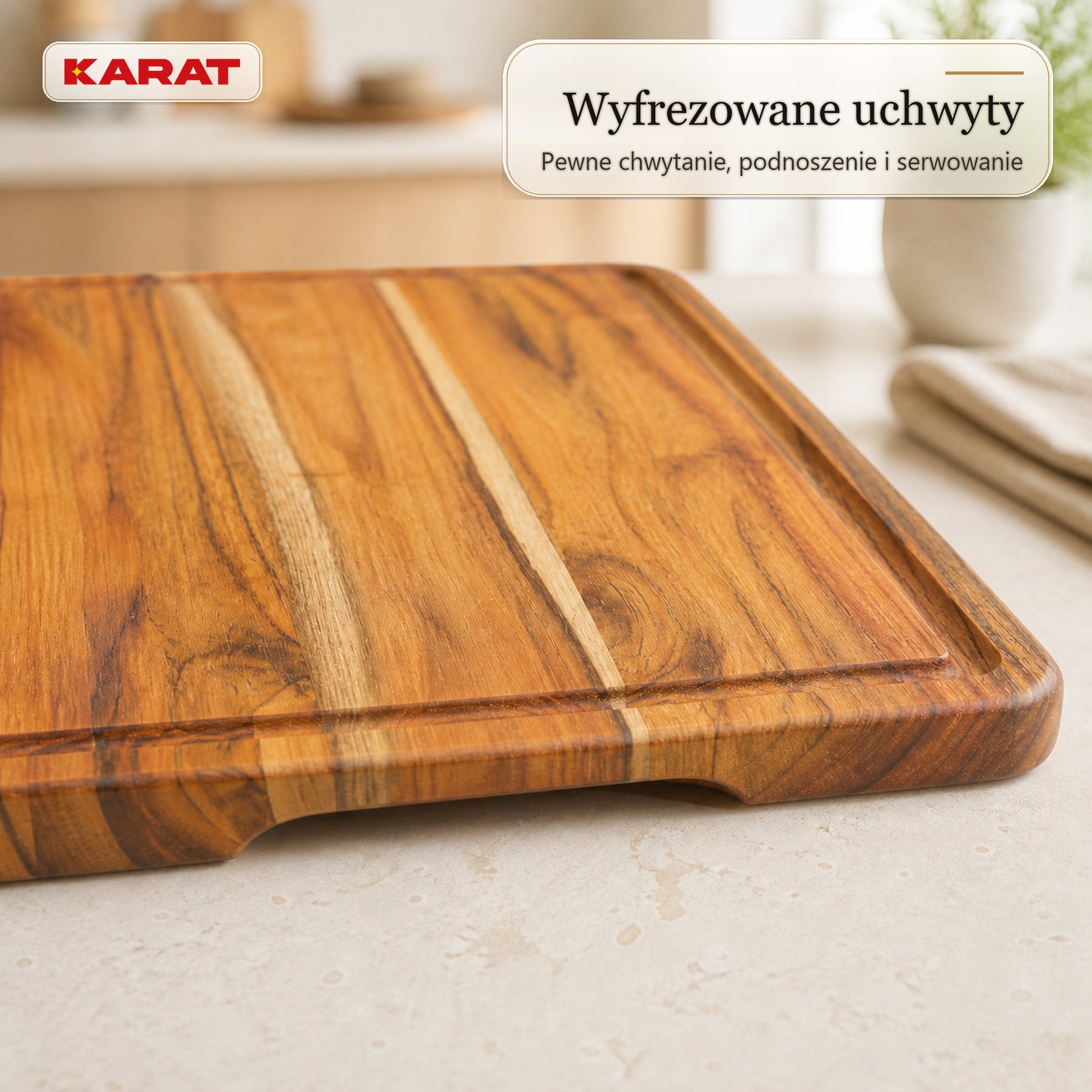 Deska do krojenia | Maison Teak Edge Grain | Lite drewno tekowe z rowkiem na soki & uchwytami | 3 rozmiary