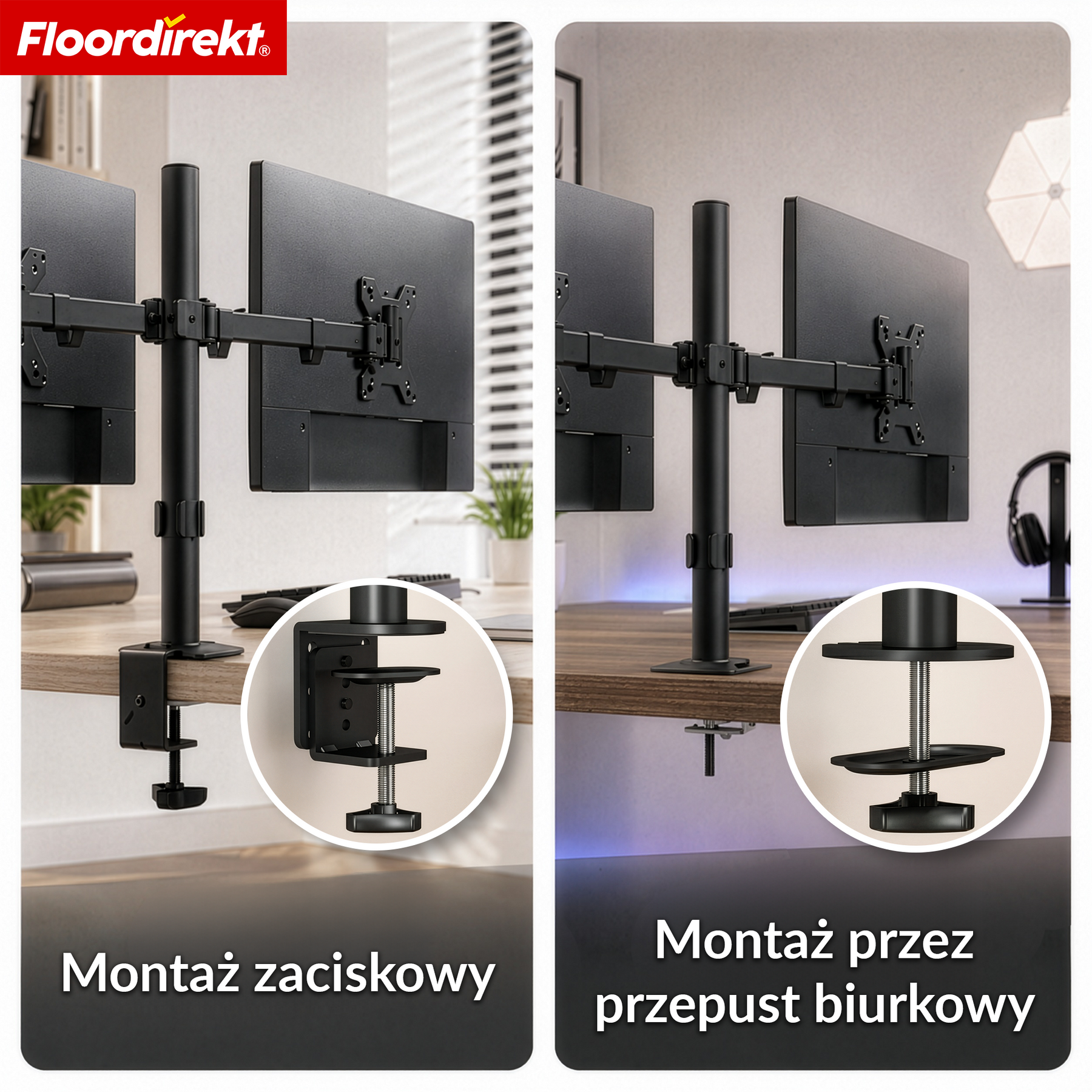 Ramię monitora | Elastycznie regulowany uchwyt na monitor z zaciskiem biurkowym do 1 lub 2 monitorów