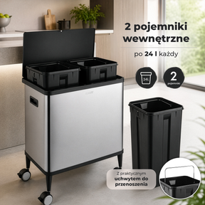 Kosz na śmieci | Tyler | Sensorowy kosz ze stali nierdzewnej | Segregacja odpadów 2 × 24 l | Kółka z hamulcami