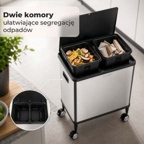 Kosz na śmieci | Tyler | Sensorowy kosz ze stali nierdzewnej | Segregacja odpadów 2 × 24 l | Kółka z hamulcami