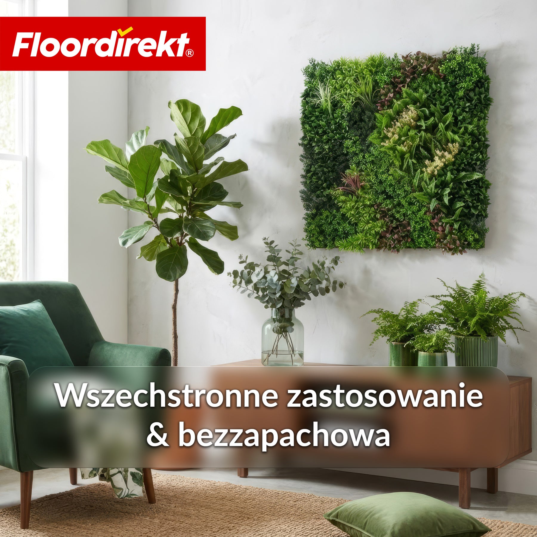 Ścianka roślinna | Hera | Naturalny, bezobsługowy panel z roślin sztucznych | Odporny na słońce i rozszerzalny dzięki systemowi klik | 100 × 100 cm