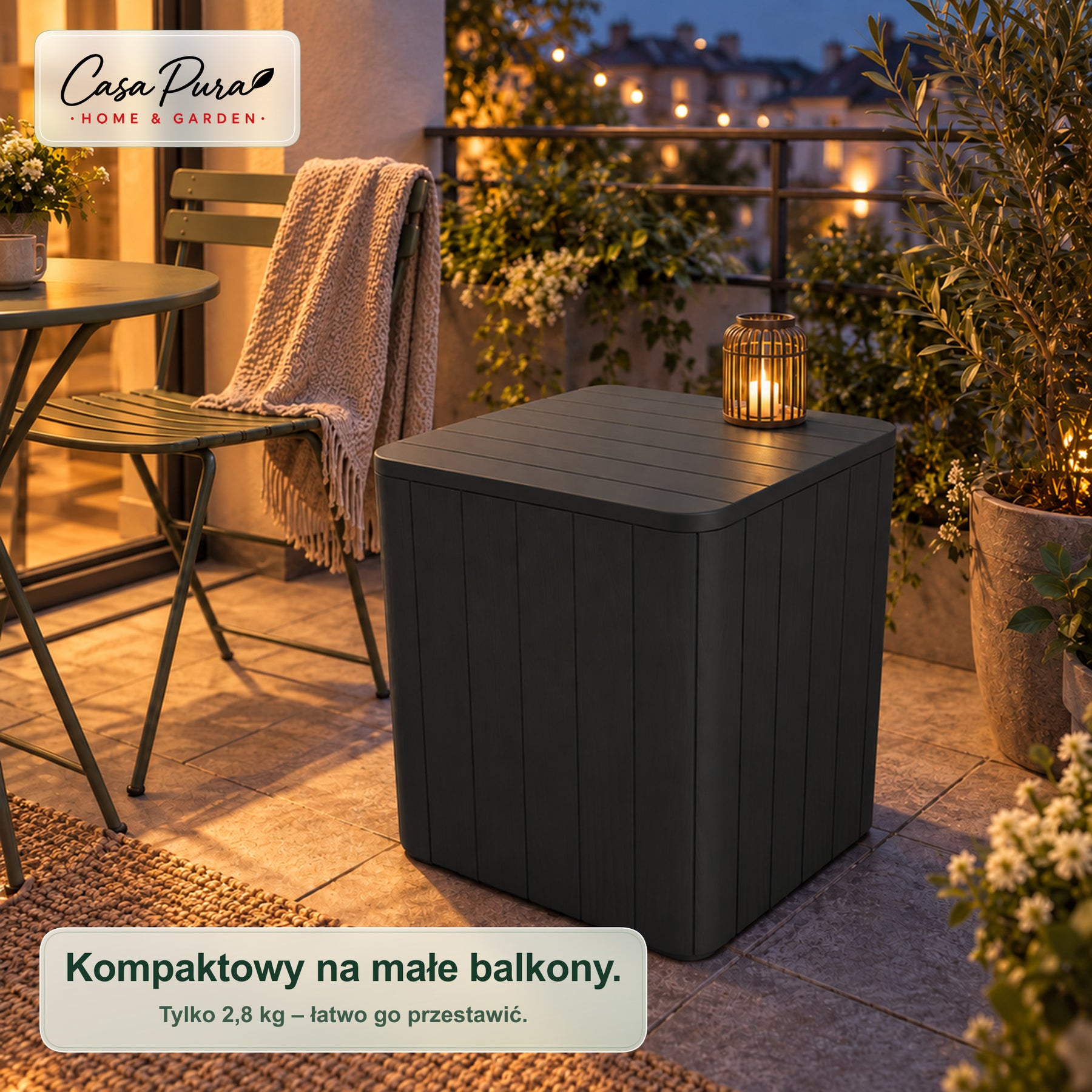 Skrzynia ogrodowa | Porto | Odporna na warunki atmosferyczne skrzynia 43 l z tworzywa w imitacji drewna | Może służyć jako stolik boczny | 2 kolory