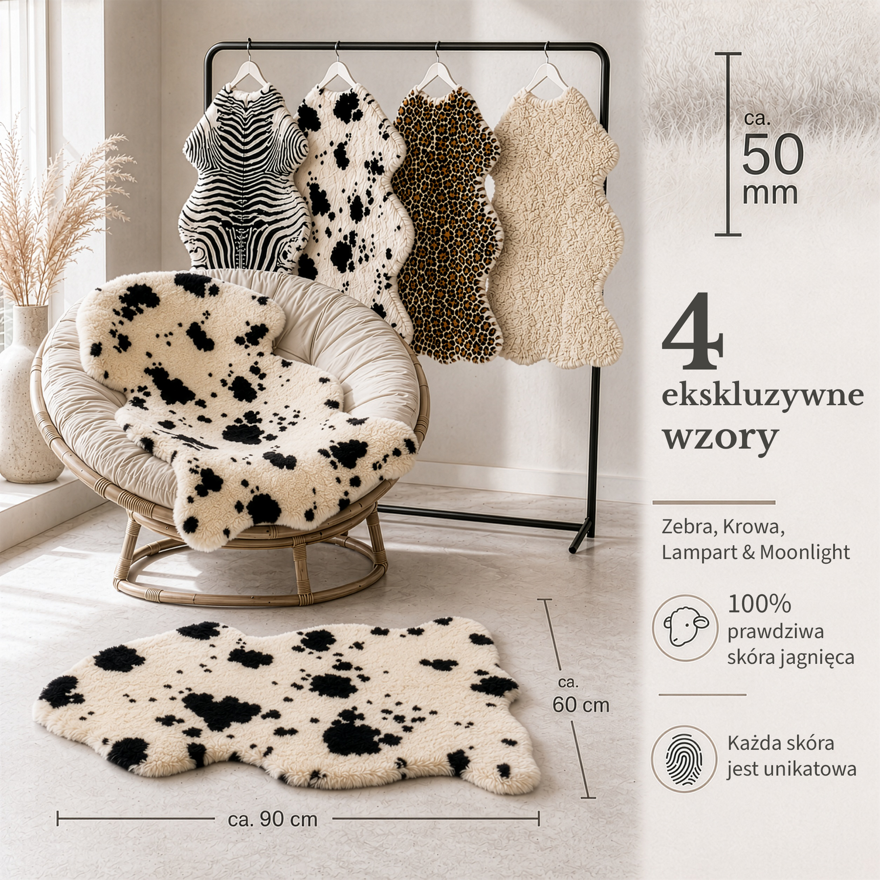 Skóra owcza Design | Audrey | Naturalna skóra jagnięca ze 100% wełny owczej | Miękka i naturalna