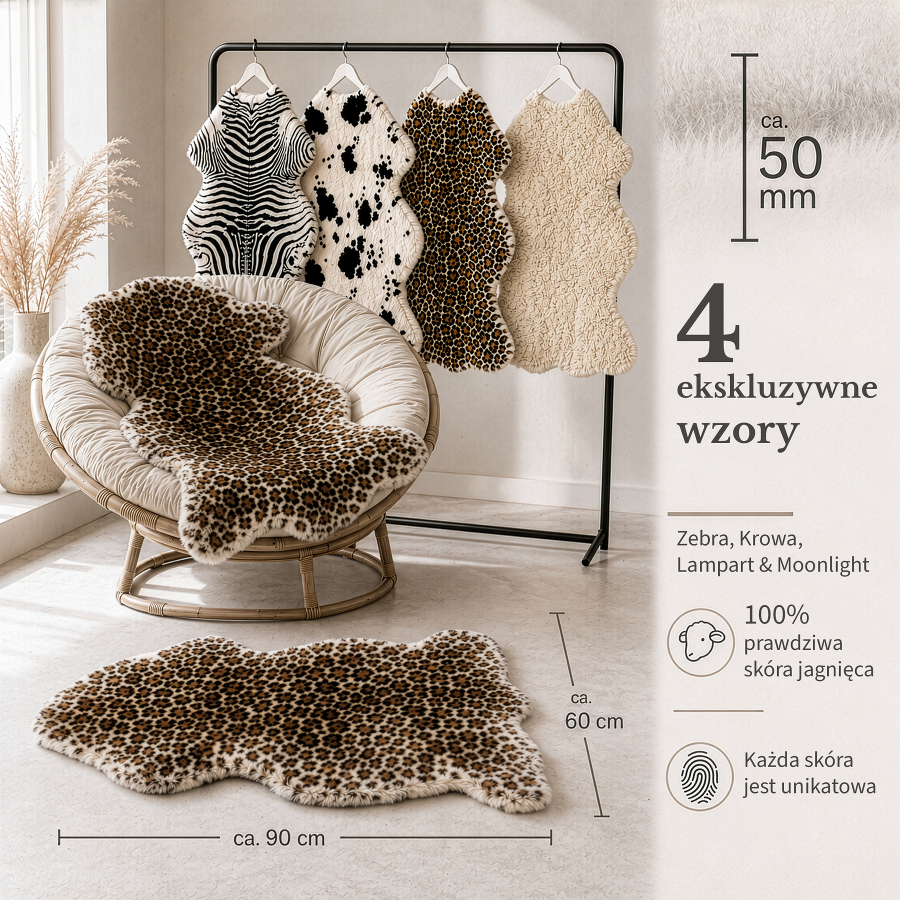 Skóra owcza Design | Audrey | Naturalna skóra jagnięca ze 100% wełny owczej | Miękka i naturalna