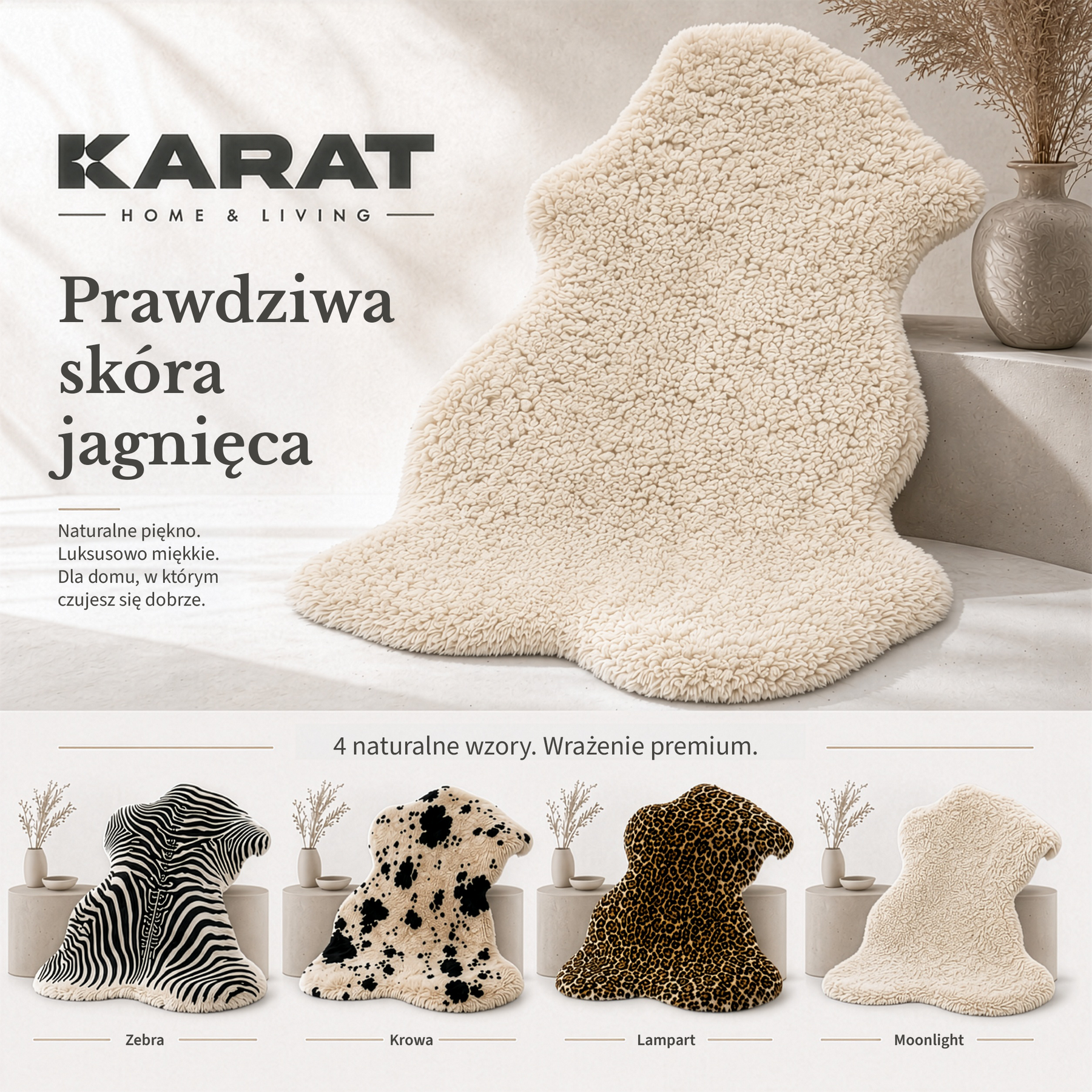 Skóra owcza Design | Audrey | Naturalna skóra jagnięca ze 100% wełny owczej | Miękka i naturalna