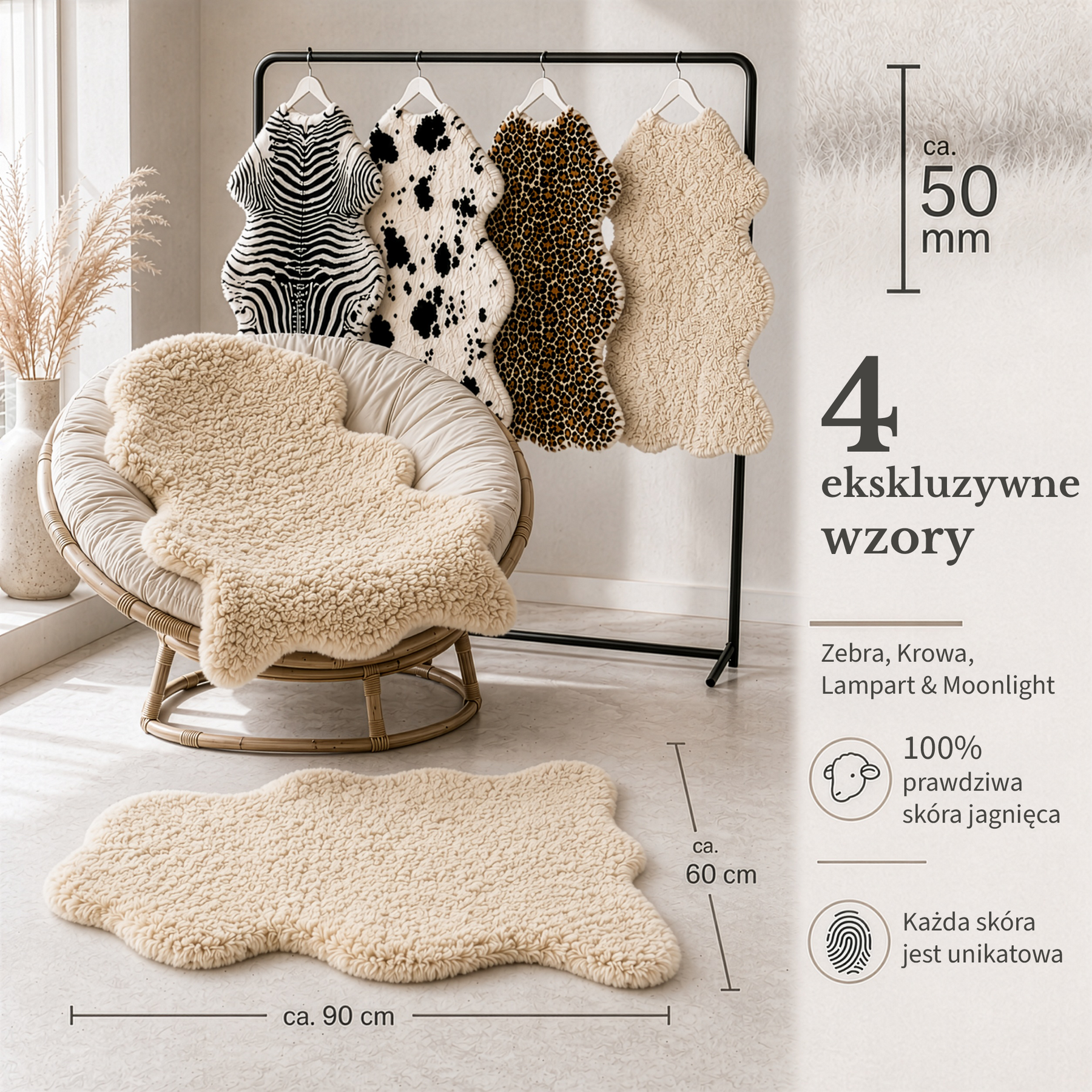 Skóra owcza Design | Audrey | Naturalna skóra jagnięca ze 100% wełny owczej | Miękka i naturalna