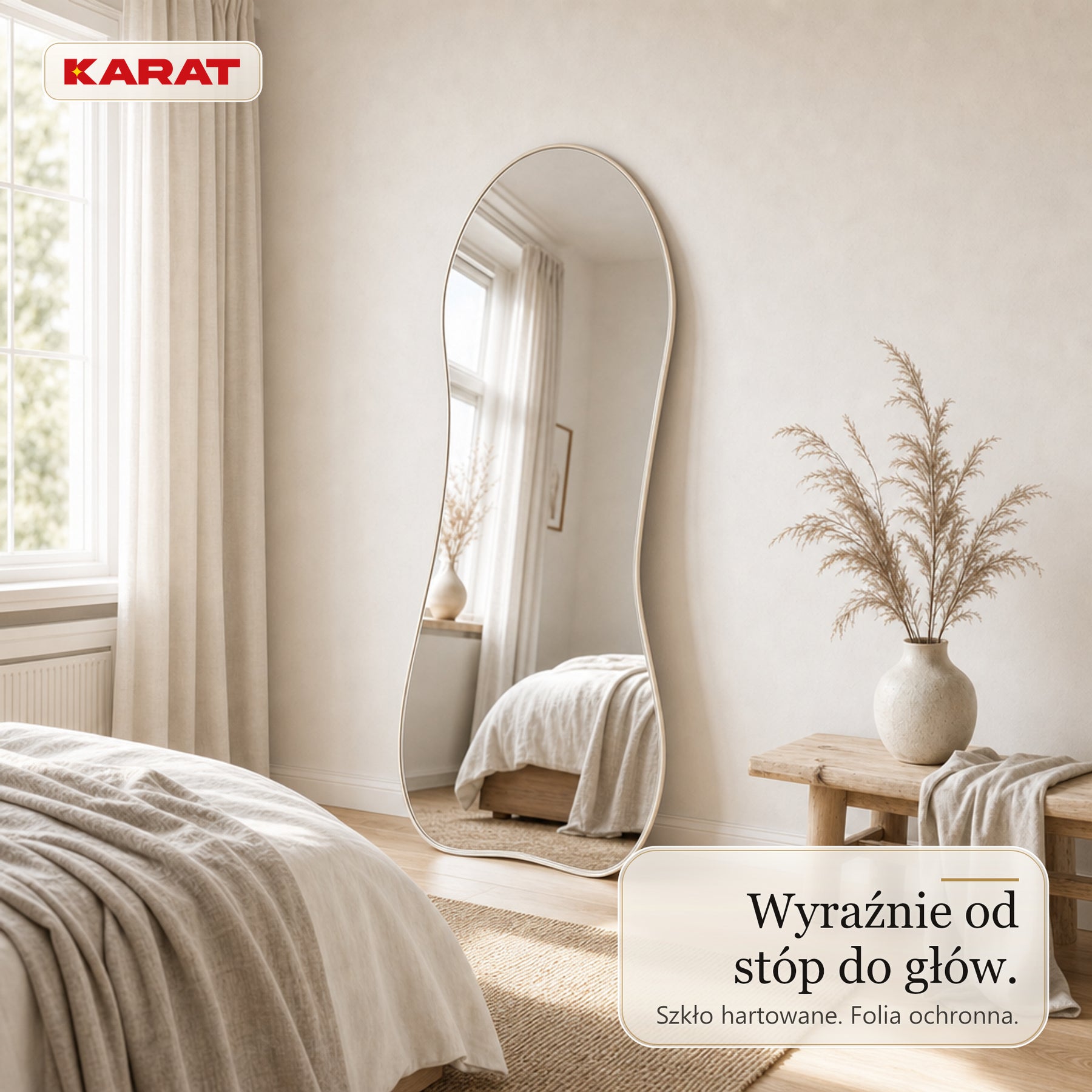 Lustro stojące | Mila | Organiczne lustro ścienne z kremowobiałą aluminiową ramą | 65 × 150 cm