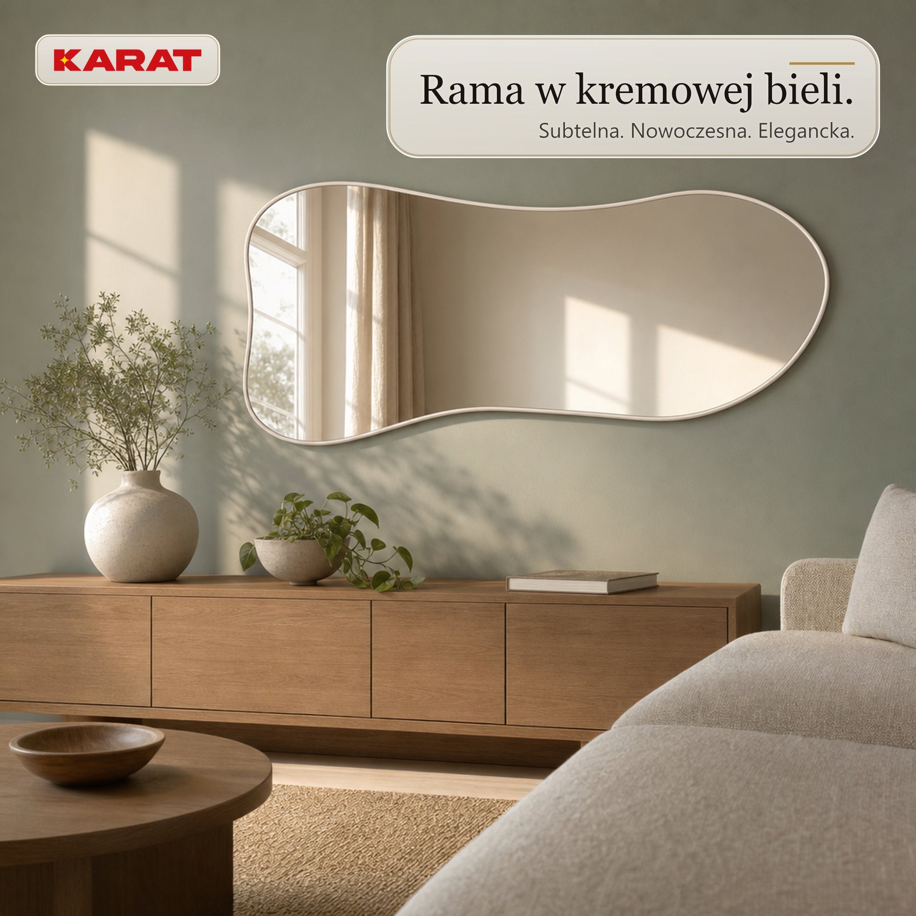 Lustro stojące | Mila | Organiczne lustro ścienne z kremowobiałą aluminiową ramą | 65 × 150 cm