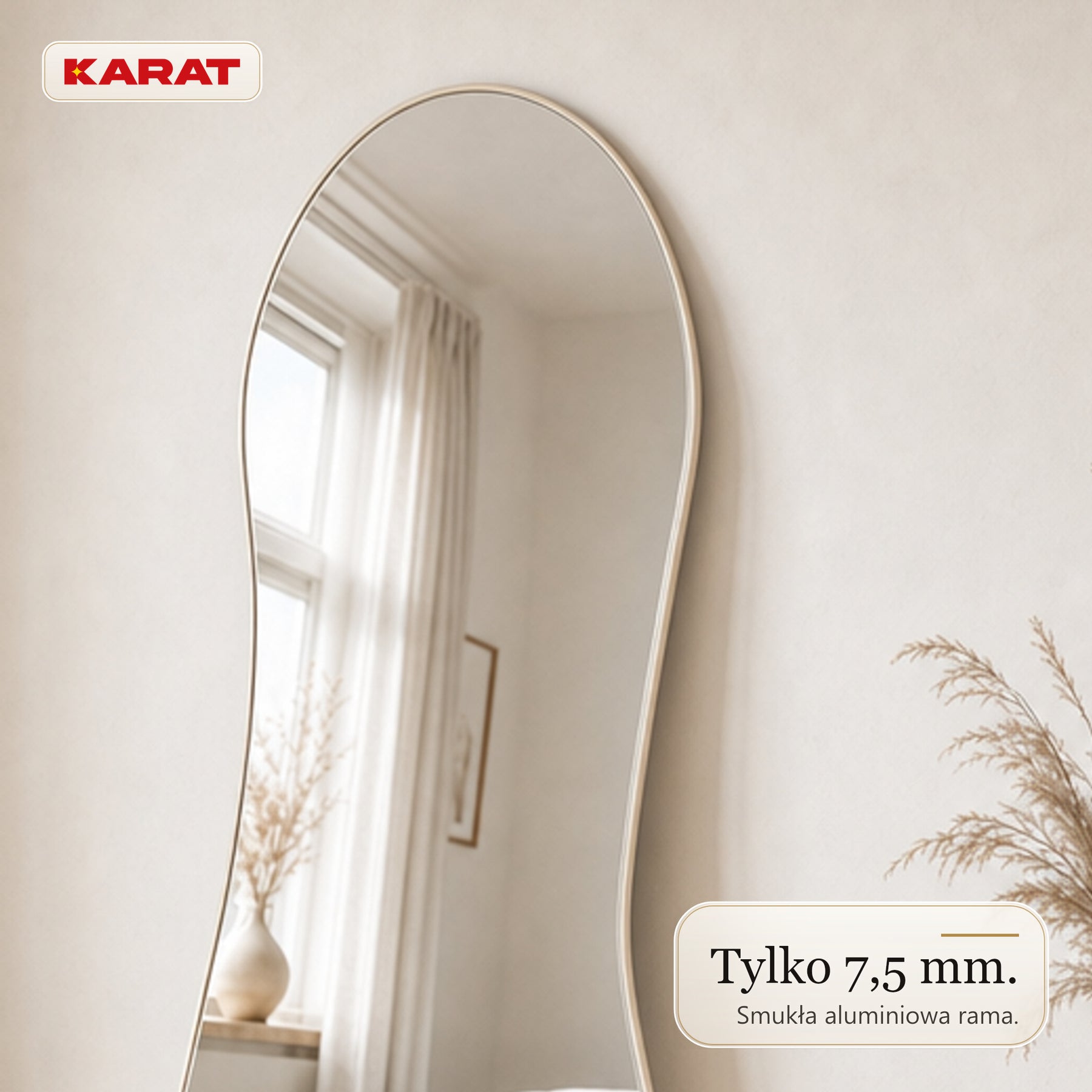 Lustro stojące | Mila | Organiczne lustro ścienne z kremowobiałą aluminiową ramą | 65 × 150 cm