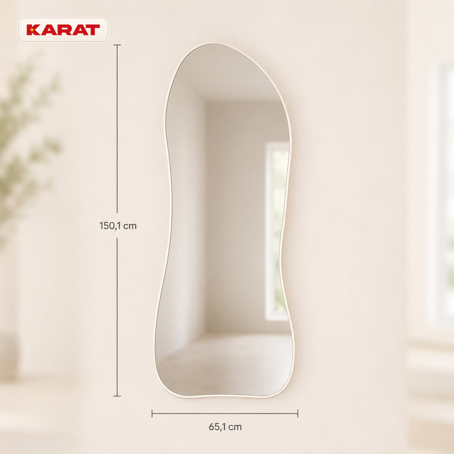 Lustro stojące | Mila | Organiczne lustro ścienne z kremowobiałą aluminiową ramą | 65 × 150 cm
