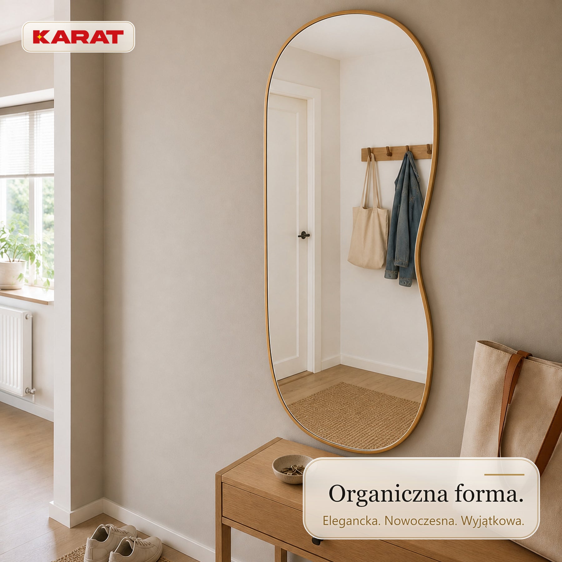 Lustro ścienne | Serena | Organiczne lustro pełnowymiarowe z aluminiową ramą w dekorze drewna | 60 × 120 cm