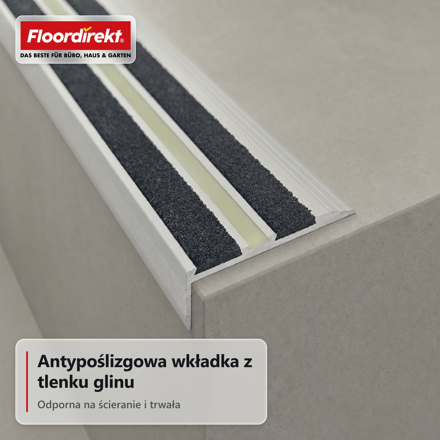 Profil krawędzi schodowych | Aura | Aluminiowy profil antypoślizgowy z fotoluminescencyjnym paskiem
