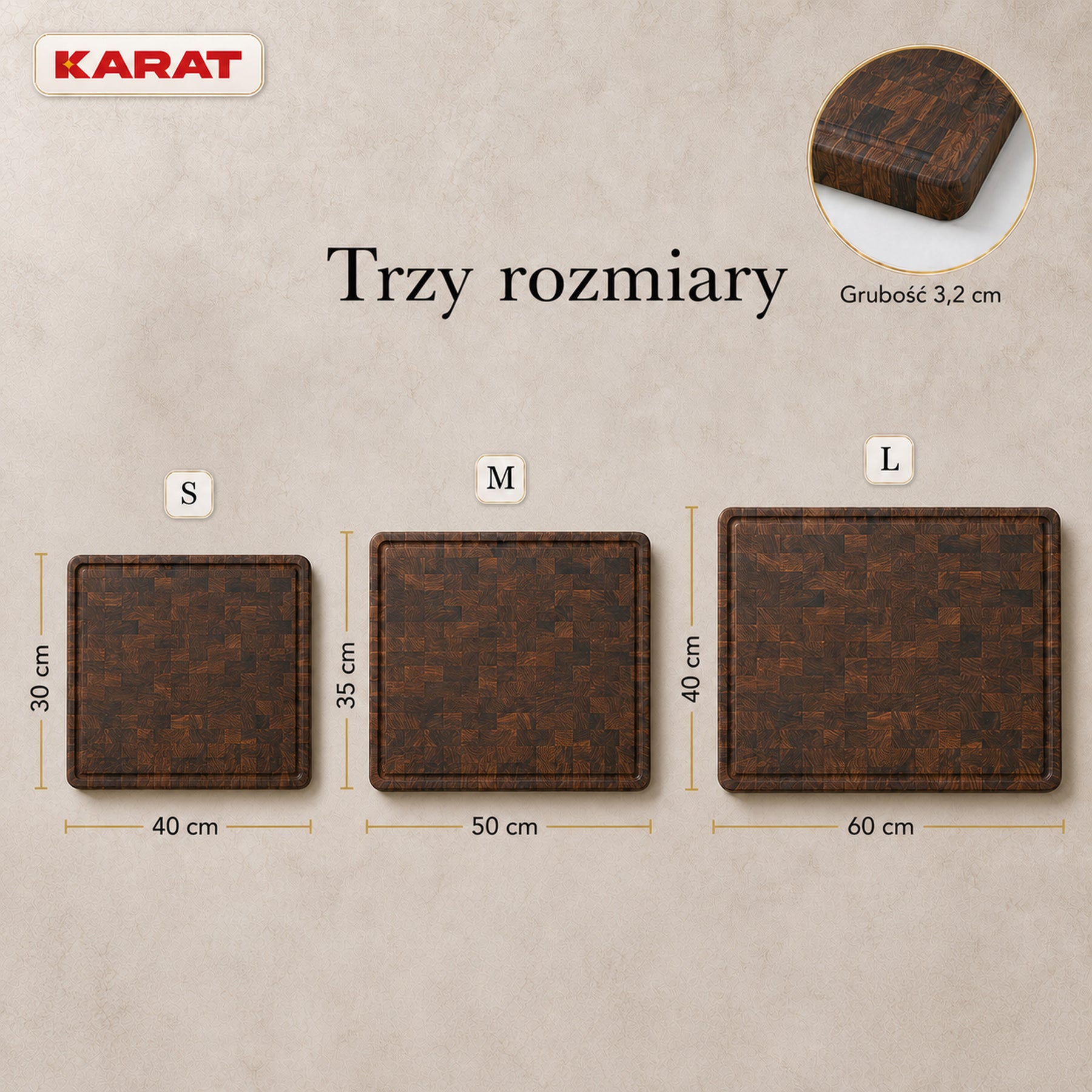 Deska do krojenia | Teak Royal Endgrain | Lite drewno tekowe z rowkiem na soki & uchwytami | 3 rozmiary