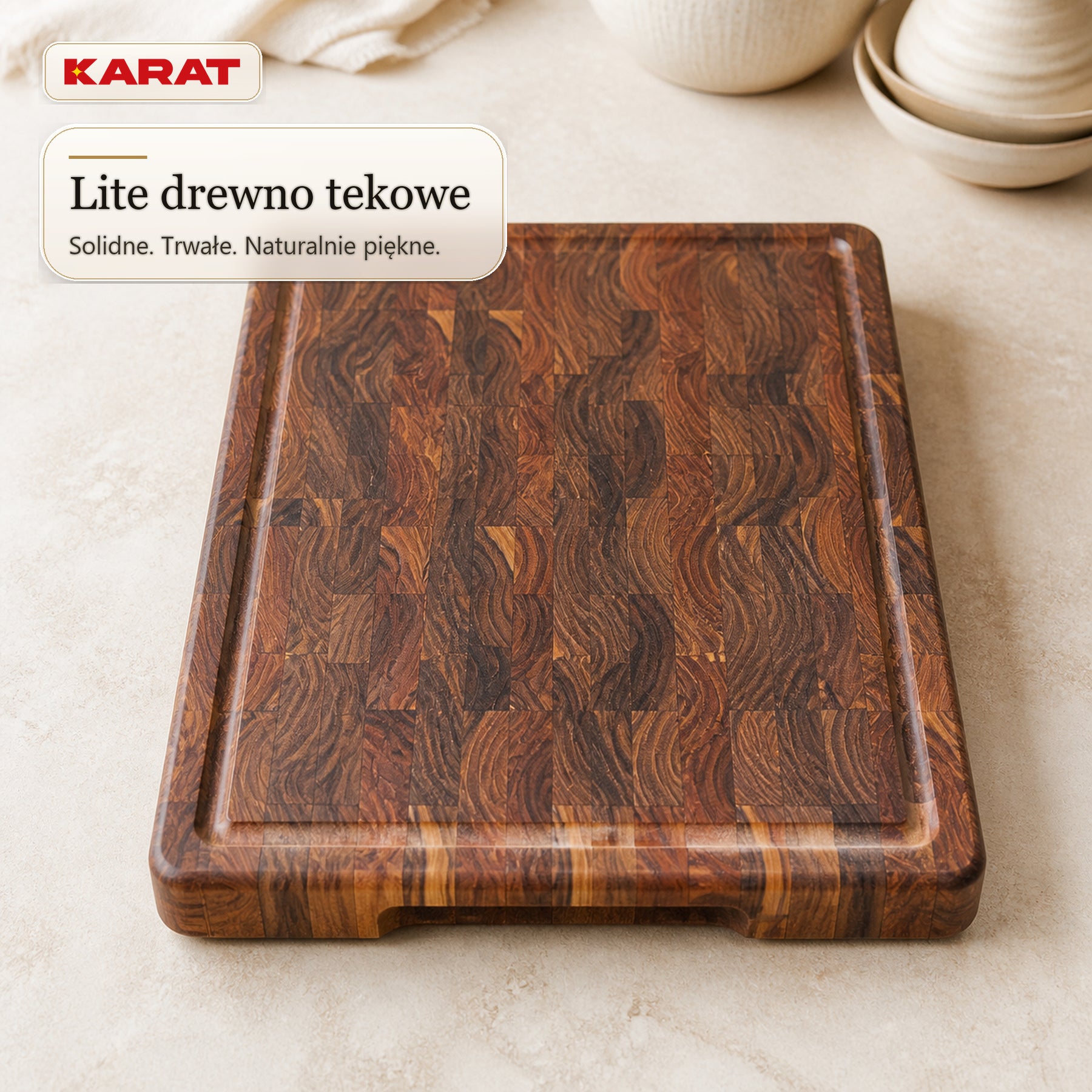 Deska do krojenia | Teak Royal Endgrain | Lite drewno tekowe z rowkiem na soki & uchwytami | 3 rozmiary