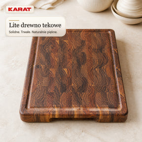 Deska do krojenia | Teak Royal Endgrain | Lite drewno tekowe z rowkiem na soki & uchwytami | 3 rozmiary