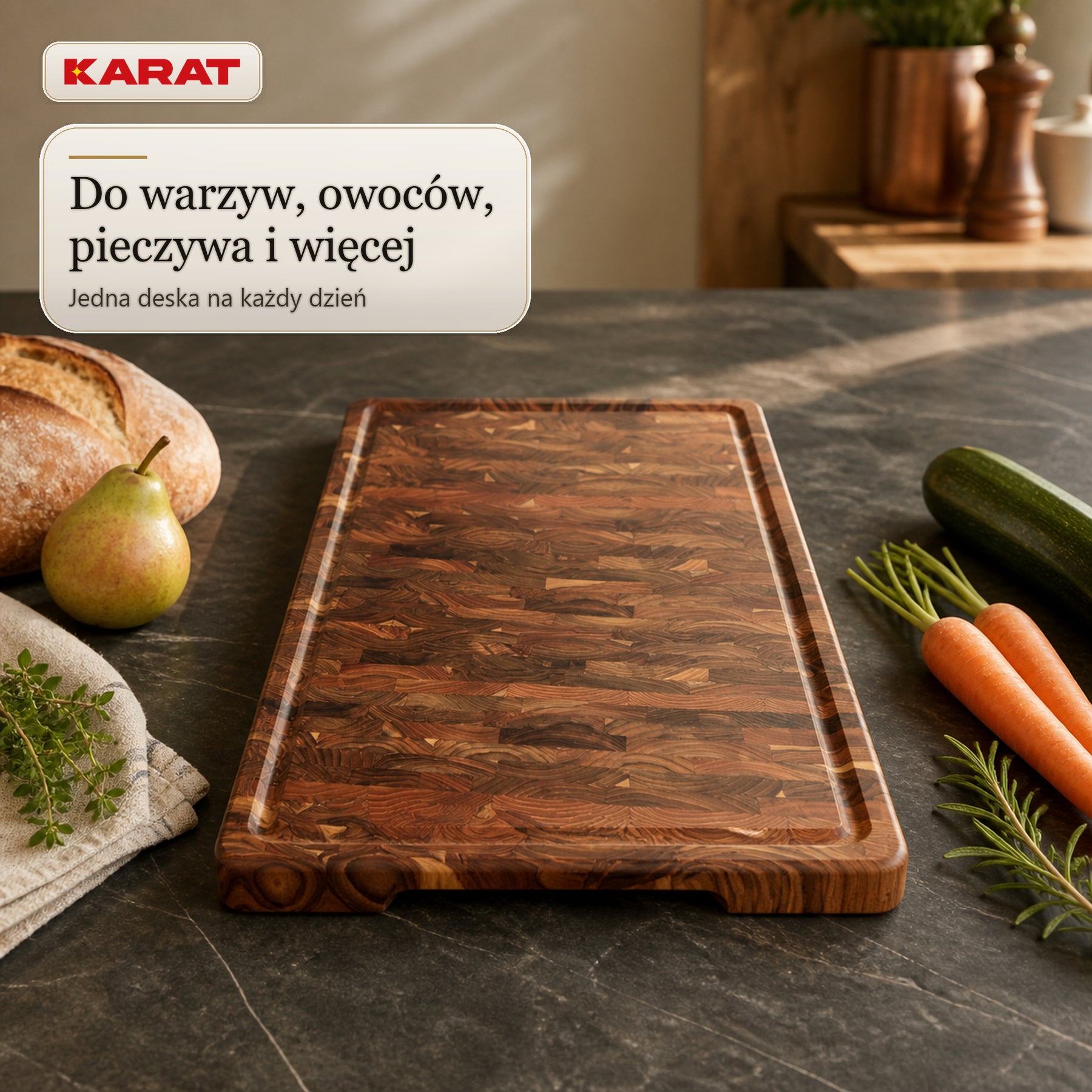 Deska do krojenia | Teak Royal Endgrain | Lite drewno tekowe z rowkiem na soki & uchwytami | 3 rozmiary