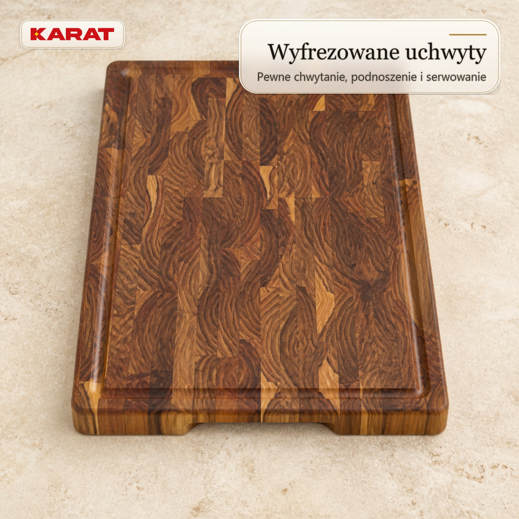 Deska do krojenia | Teak Royal Endgrain | Lite drewno tekowe z rowkiem na soki & uchwytami | 3 rozmiary