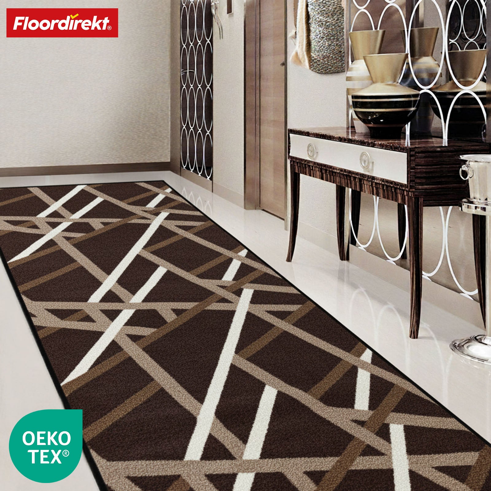 Chodnik dywanowy Printed | w kolorze antracytowym i brązowym | Nowoczesny dywan w paski z antypoślizgowym spodem żelowym | Trwały i łatwy w czyszczeniu