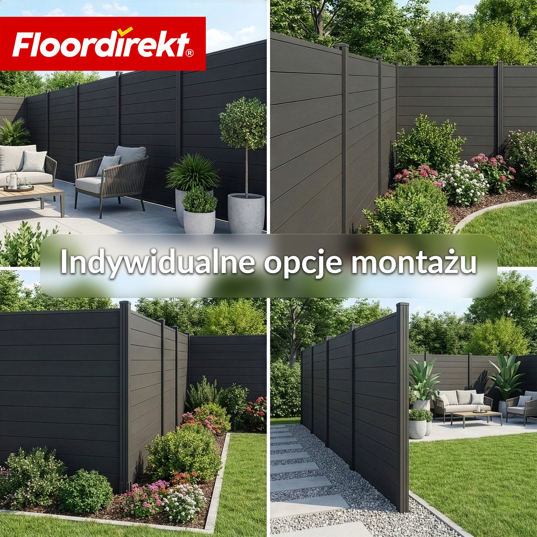 Ogrodzenie WPC | Ponza | 180 x 180 cm | Nowoczesna osłona prywatności i wiatru w kolorze czarnym z aluminiowymi słupkami